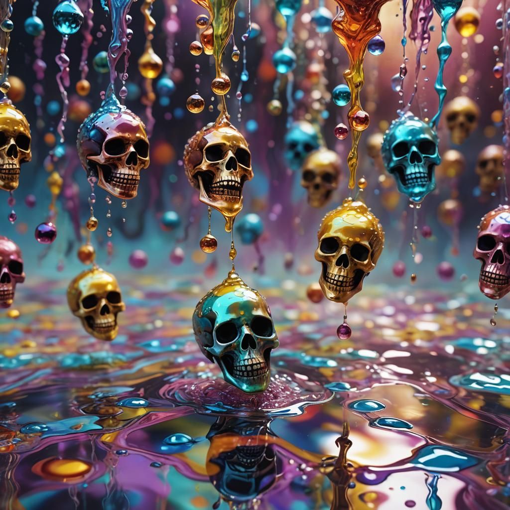 Surreal Skull Figurines Dancing in Water Droplets