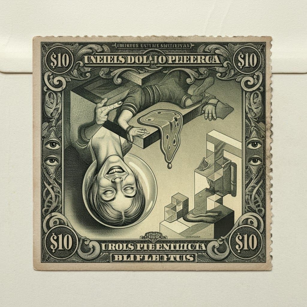 Surreal Postage Stamp in 1920s Engraving Style
