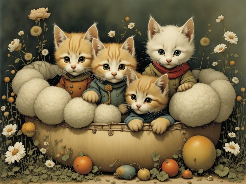 Five Cute Cats in Basket, Fantasy Illustration