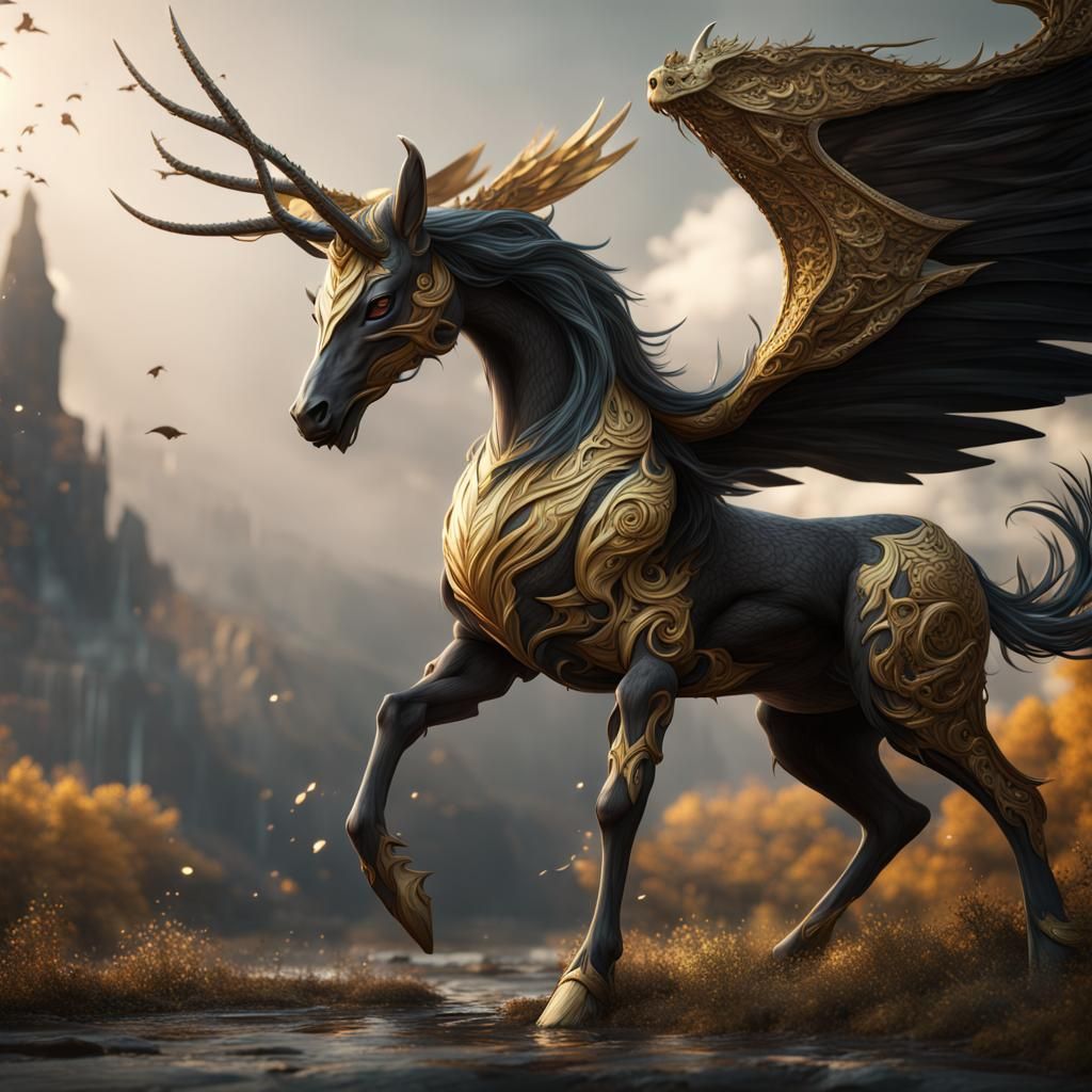 Unicorn Deer Dragon: Detailed Matte Painting