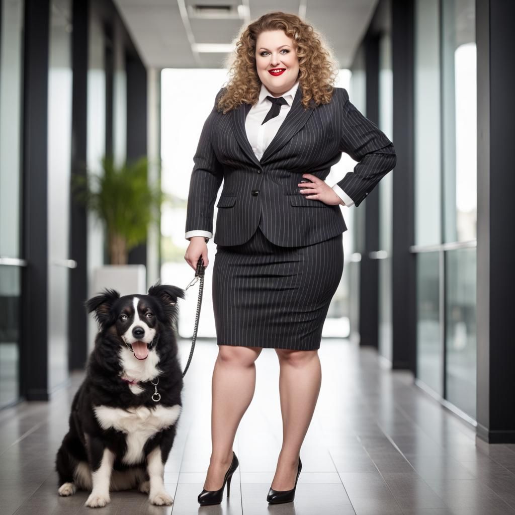 Curvy Woman in Pinstripes with Pet Dog