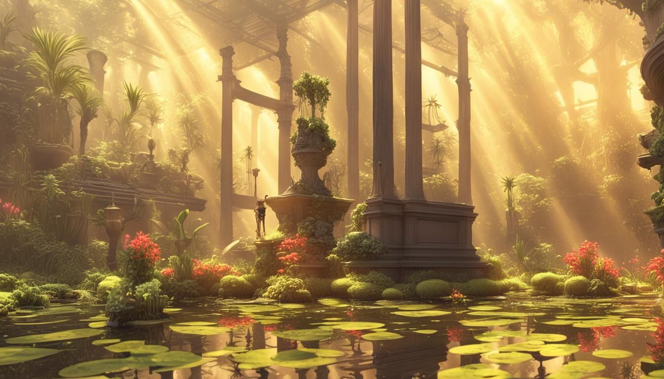 Surreal Garden with Non-Human Being in God Rays