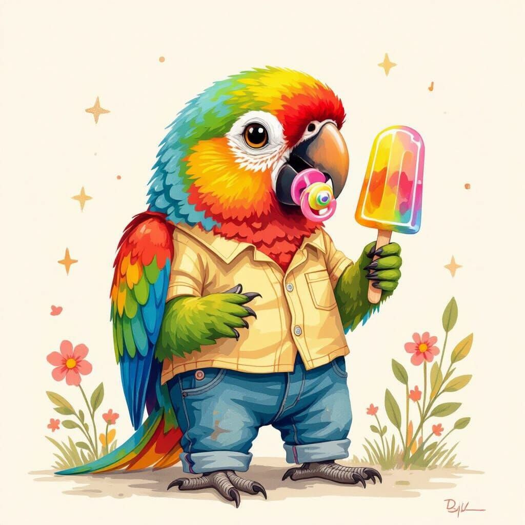 Whimsical Parrot Enjoys Popsicle and Pacifier