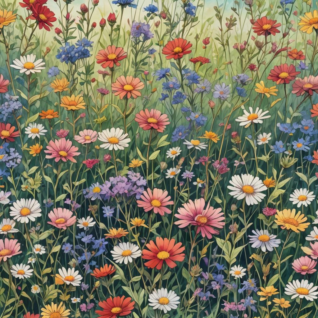 Vibrant Watercolor Manga Art of Wildflowers and Rope