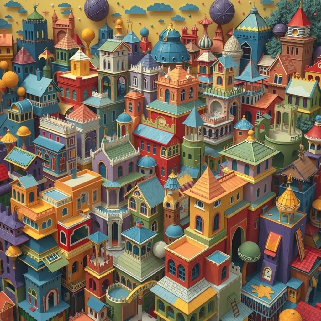 Vibrant Mixed-Media Cityscape in Warm, Golden Light