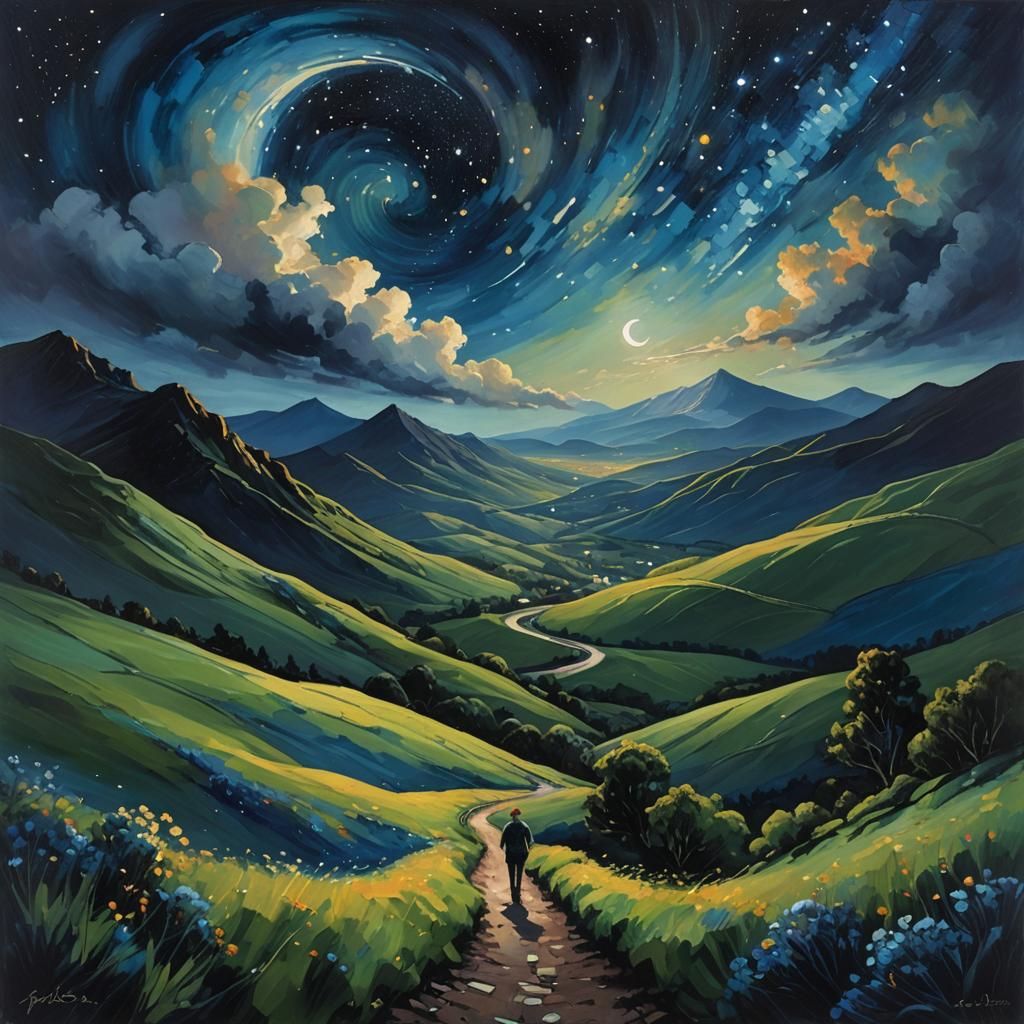 Starry Night Landscape with Moody Atmospheric Perspective