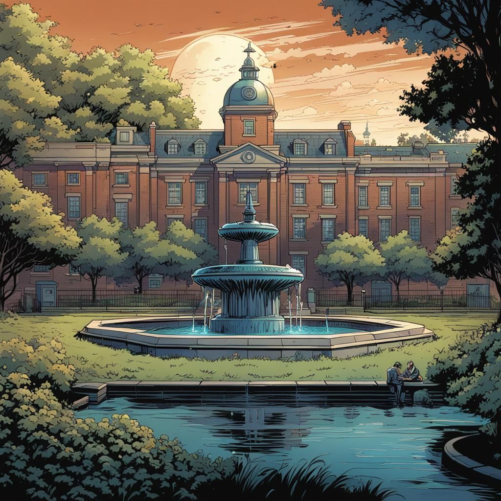 Police Station Next to Garden in Comic Book Art