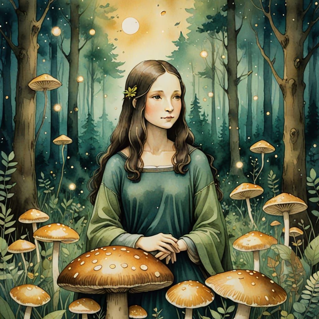 Whimsical Watercolor Portrait of the Mona Lisa in a Serene F...