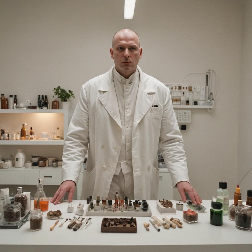 Imposing Man in Cleanroom with Sensitive Eyes