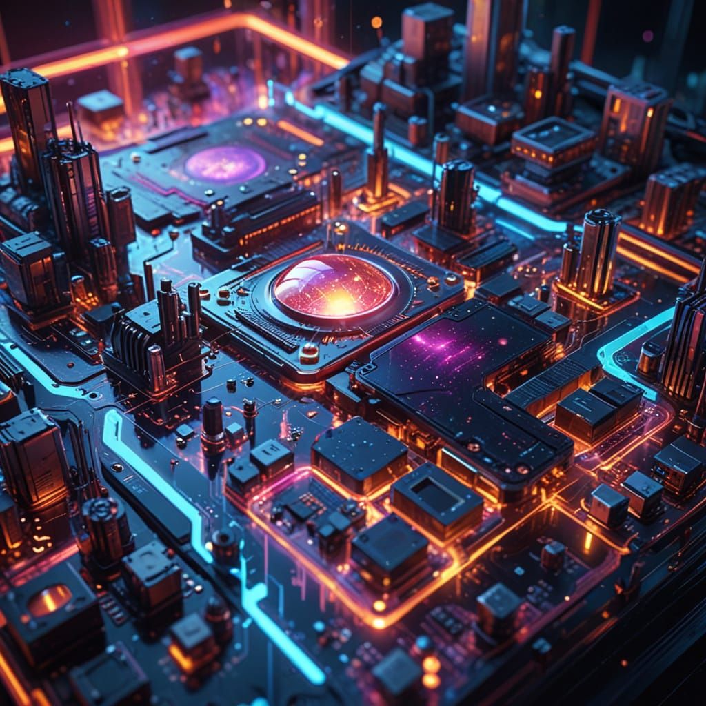 Vibrant Futuristic Cityscape Motherboard in Solarpunk Style