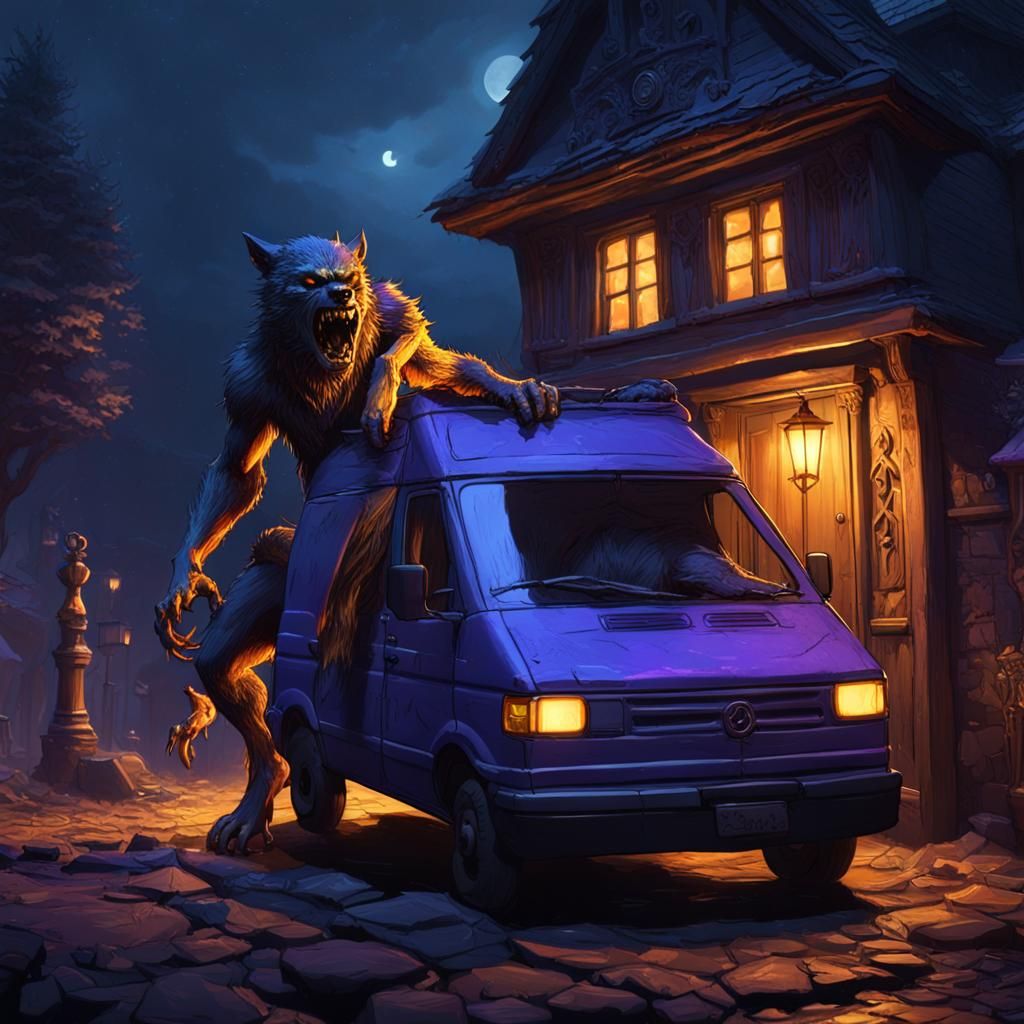 Werewolf Assaults Van in Dark Fantasy Art