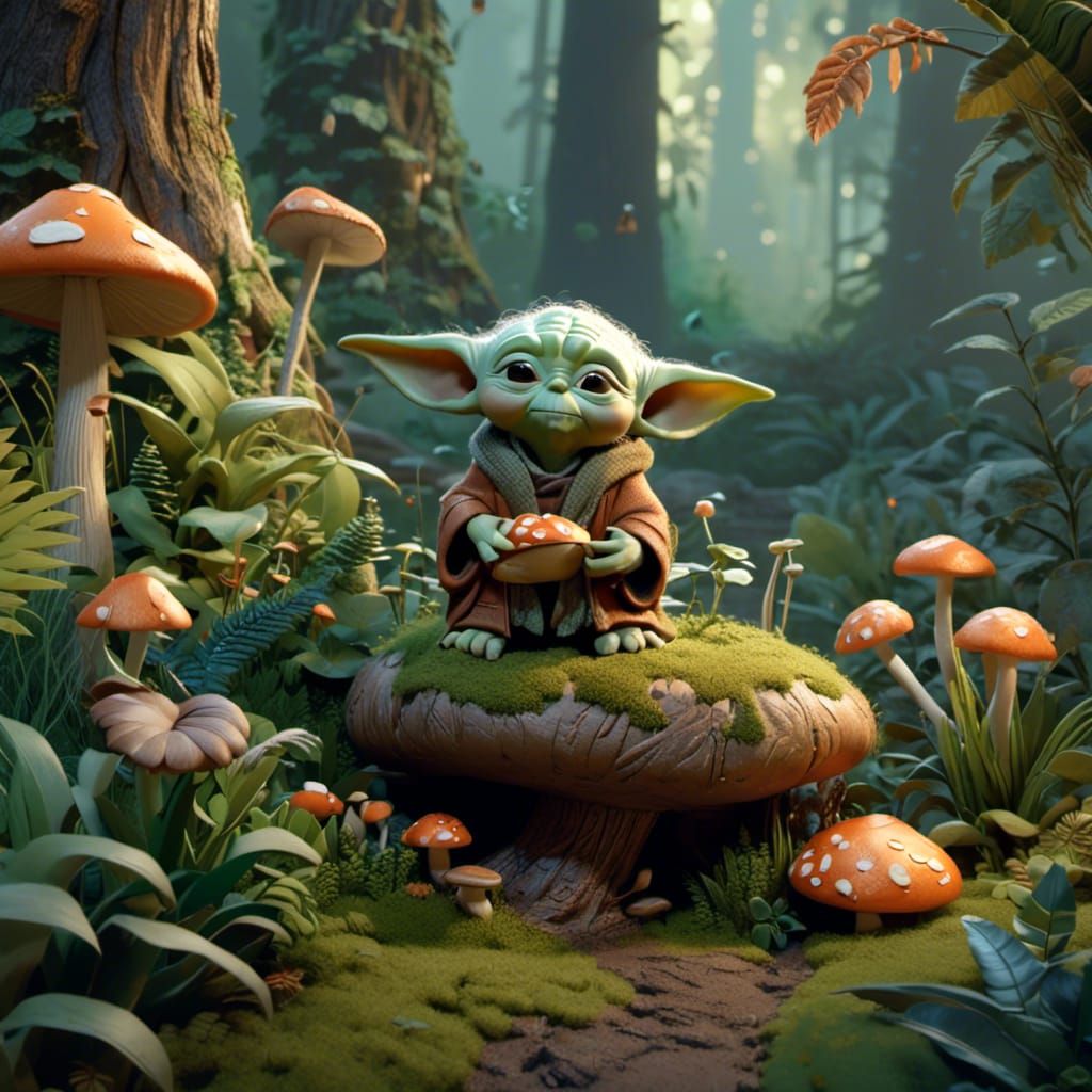 Chibi Yoda in Vibrant Forest, Matte Painting