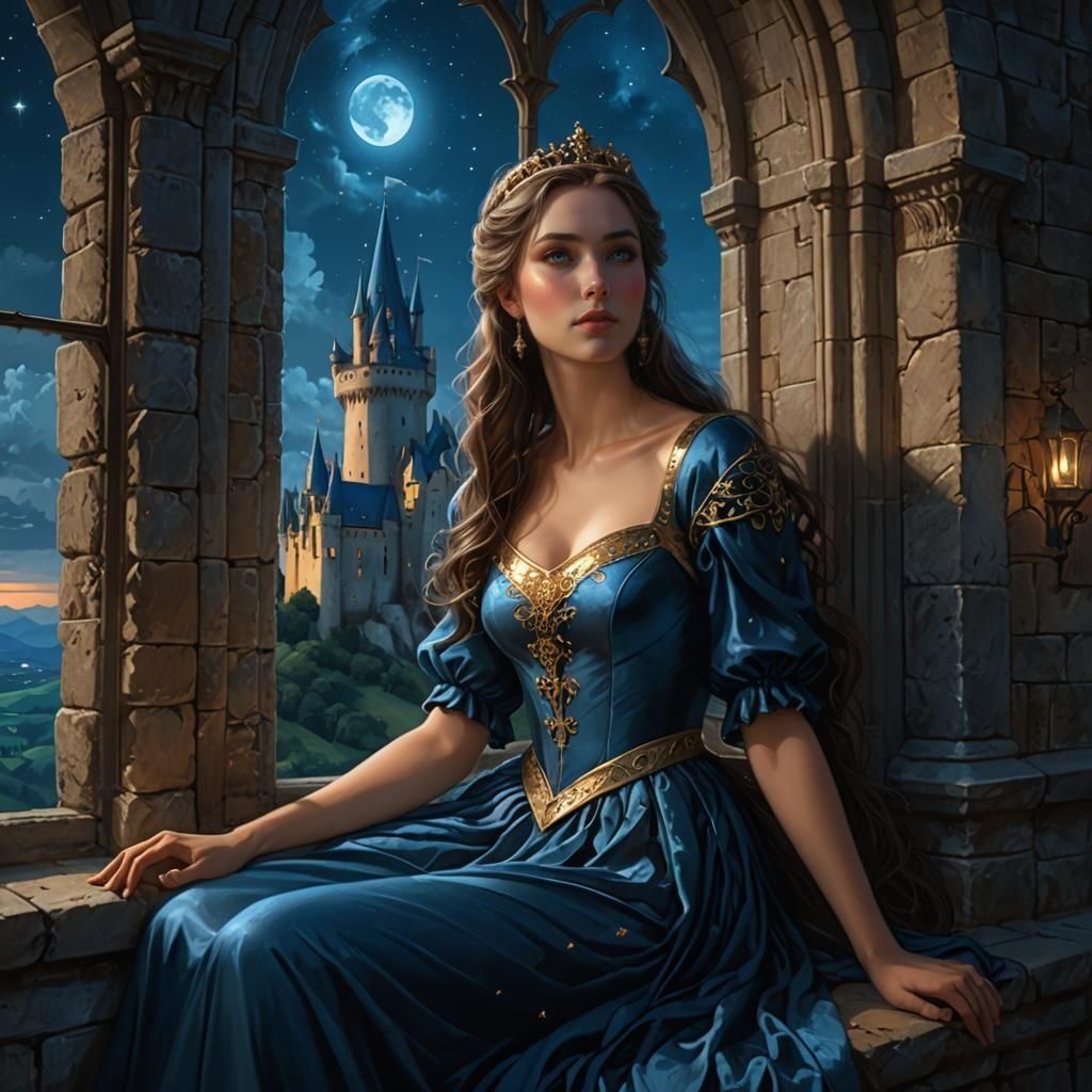 Princess Contemplates Night Sky in Medieval Castle