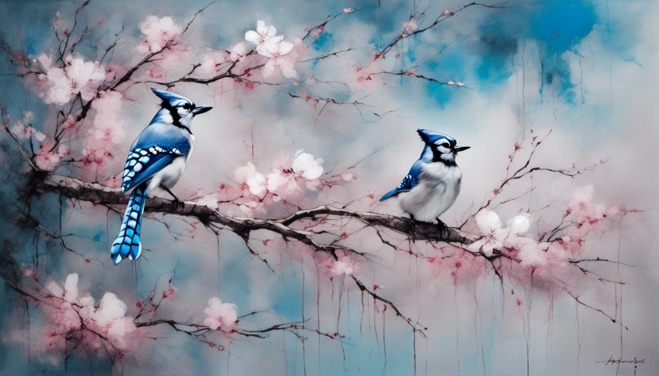 Blue Jay in Abstract Cherry Blossom Art