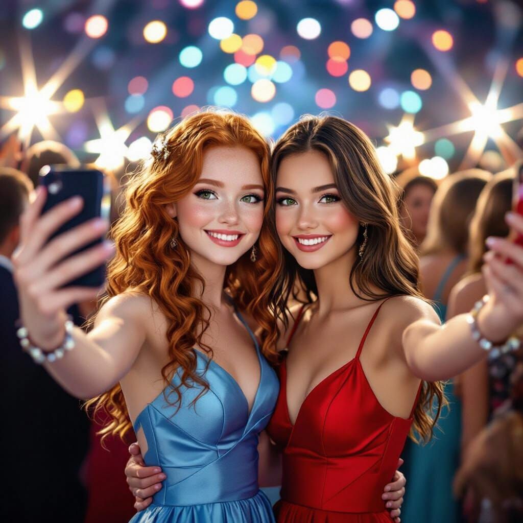 Teen Girls Selfie at Prom in Photorealistic Style