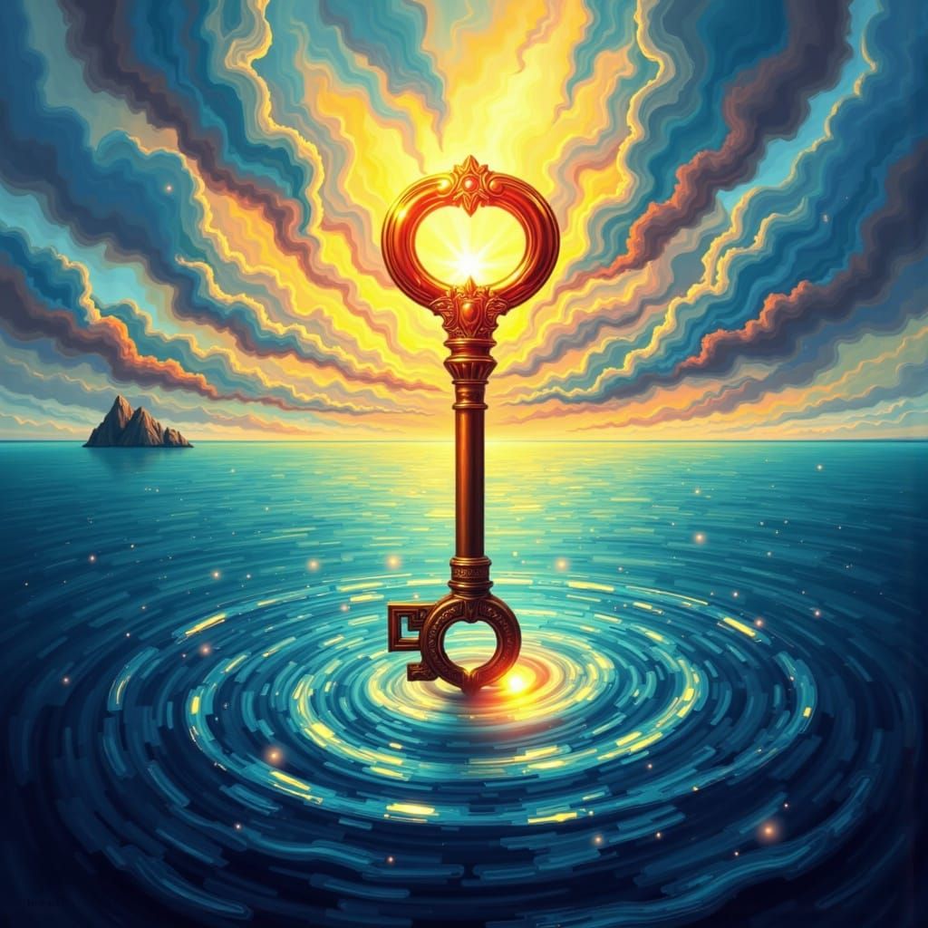 Giant Antique Key Floats Over Calm Ocean in Van Gogh Style