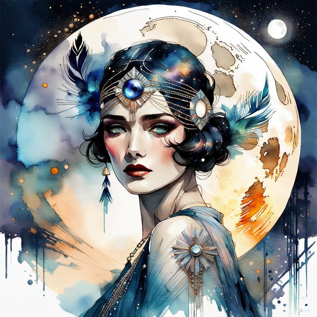 Art Deco Woman with Galaxy Sunset, a Watercolor