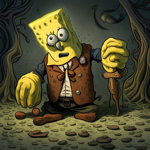 Horrific SpongeBob in Engraving Style