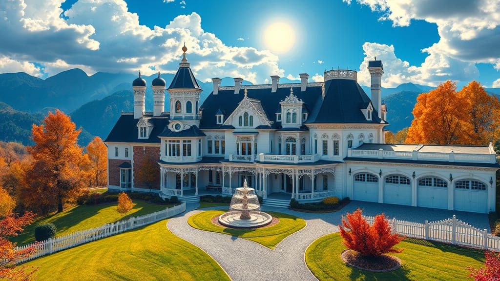 Elegant Victorian Mansion Amidst Vibrant Mountains and Trees