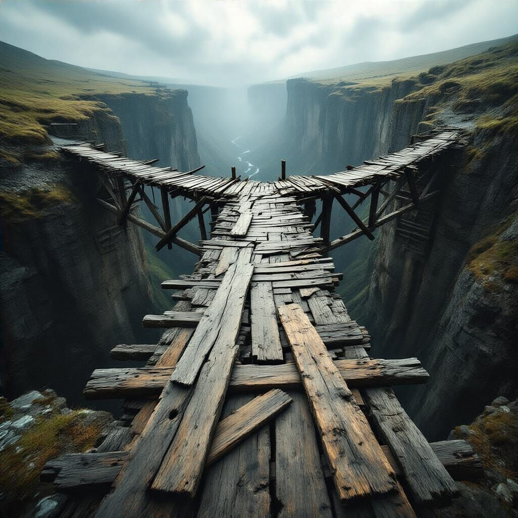 Vertigo Art: Ancient Bridge Over Deep Gorge