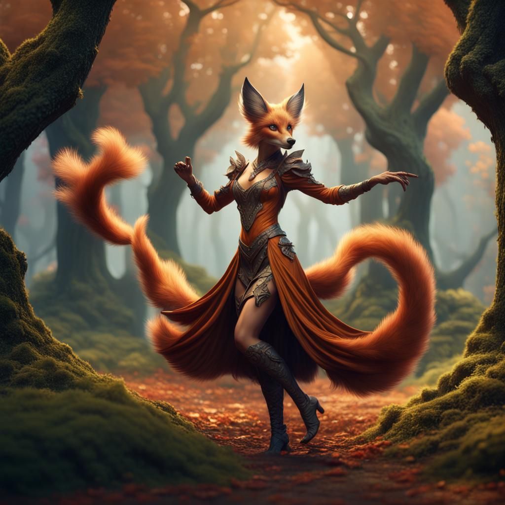 Anthropomorphic Vixen Dancing in Oak Forest, Fantasy Art