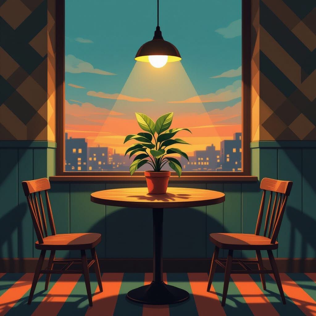 Cozy Cafe Interior With Wooden Table And Rubber Plant