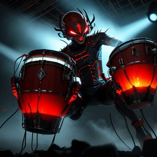 Red Alien Plays Chest Bongos: Vibrant Digital Art