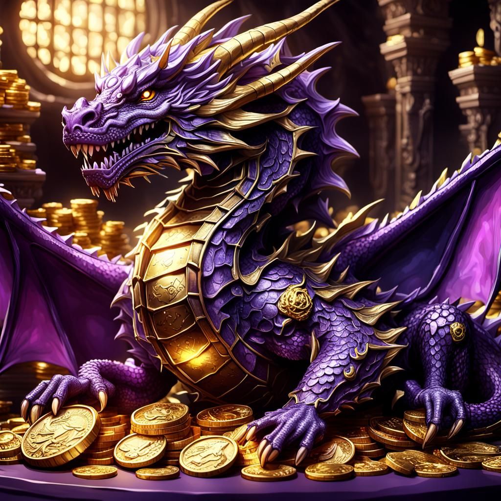 Purple Dragon on Gold Coins in Anime Style