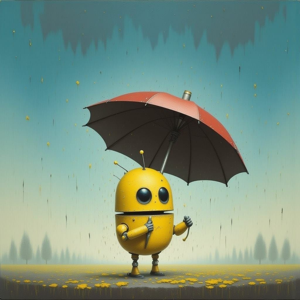 Cute Yellow Robot in Pouring Rain on Sunny Day