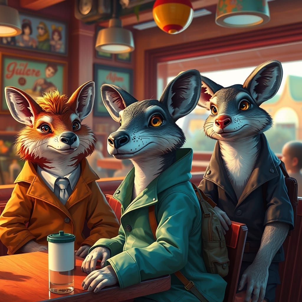 Animals in Human Clothes at Cafe: Hyperrealistic Art