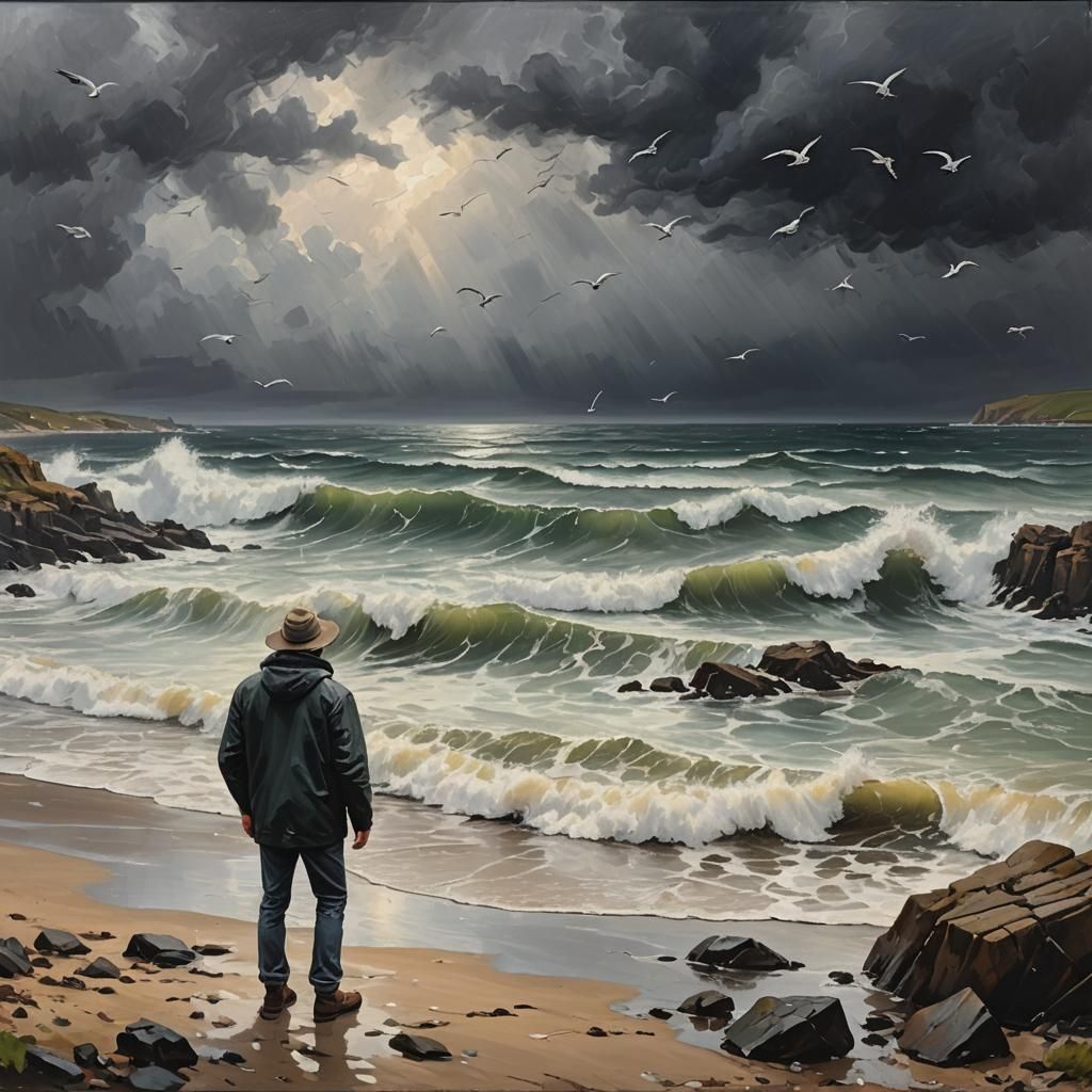 Stormy Coastal Landscape in Oil on Canvas Style