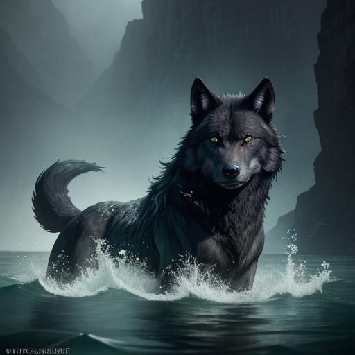 Black Wolf Swimming: Fantasy Concept Art