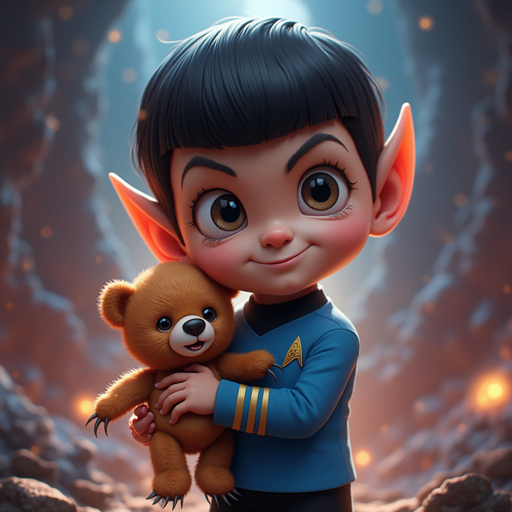 Chibi Spock with Teddy Bear in Splash Art Style