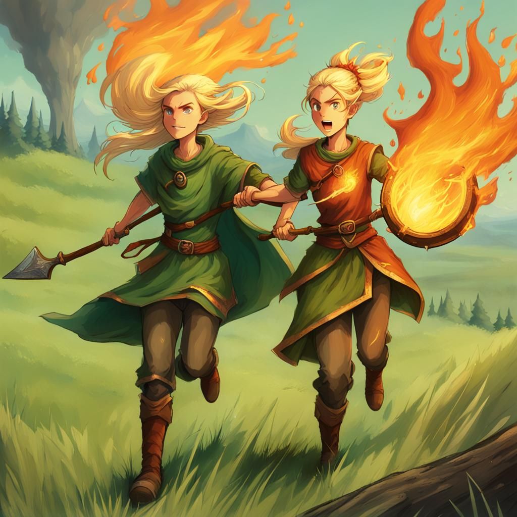 Wood Elves Escape Wildfire on Open Plain