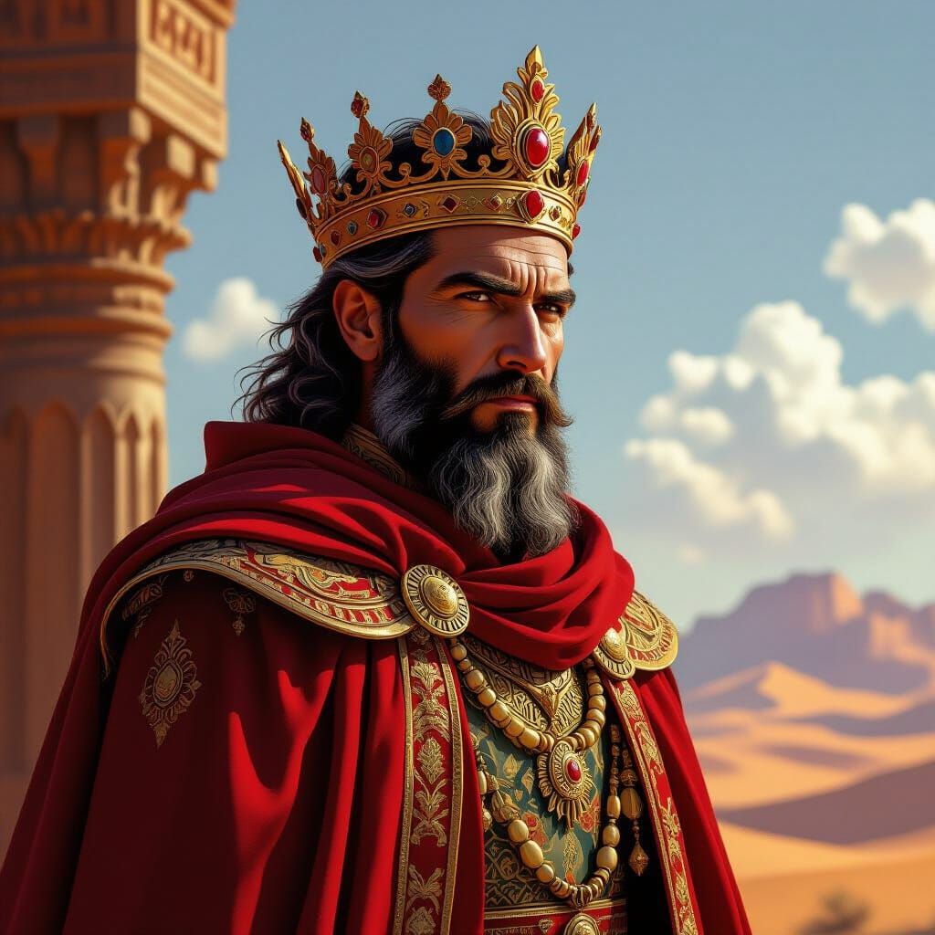 Regal King in Red Desert Robes with Golden Crown
