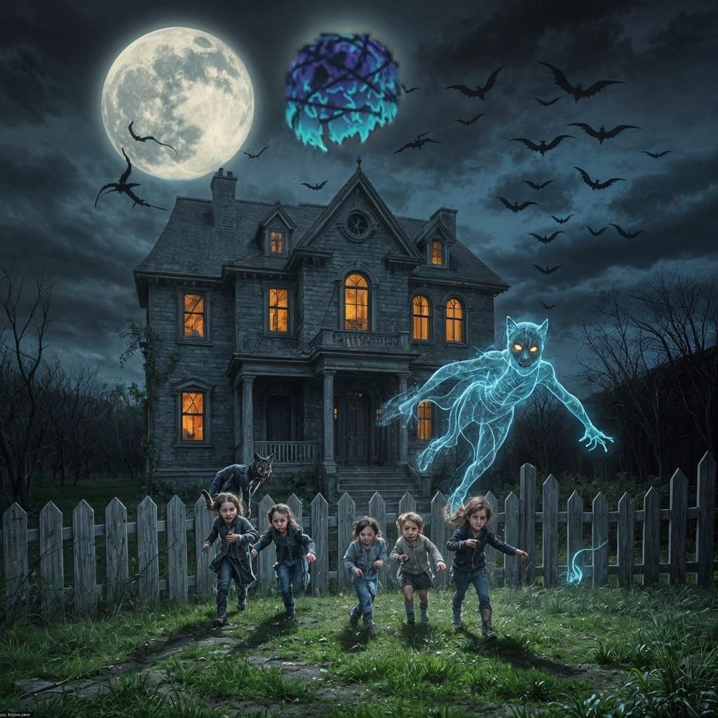 Eerie Abandoned Mansion with Ghostly Apparition