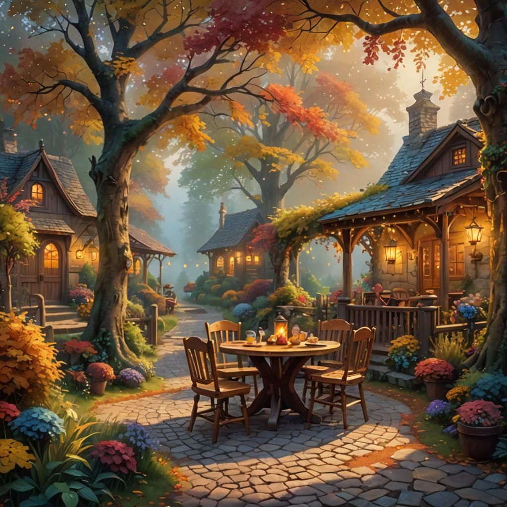 Cozy Autumn Outdoor Scene in Folk Fantasy Art Style