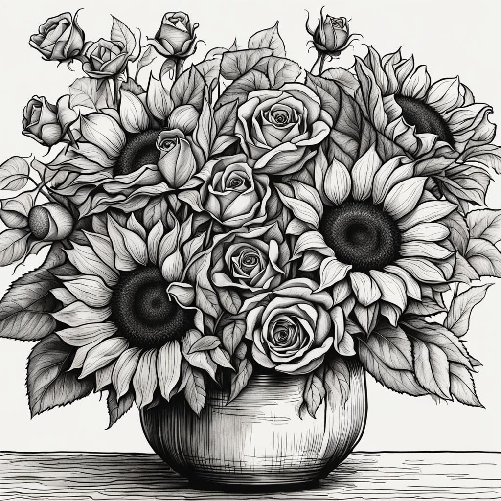 Floral Bouquet in Black Ink Outline Style