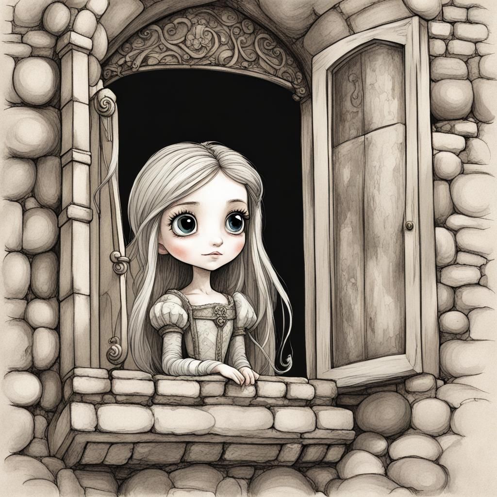 chibi Rapunzel looking out a window of the castle turret