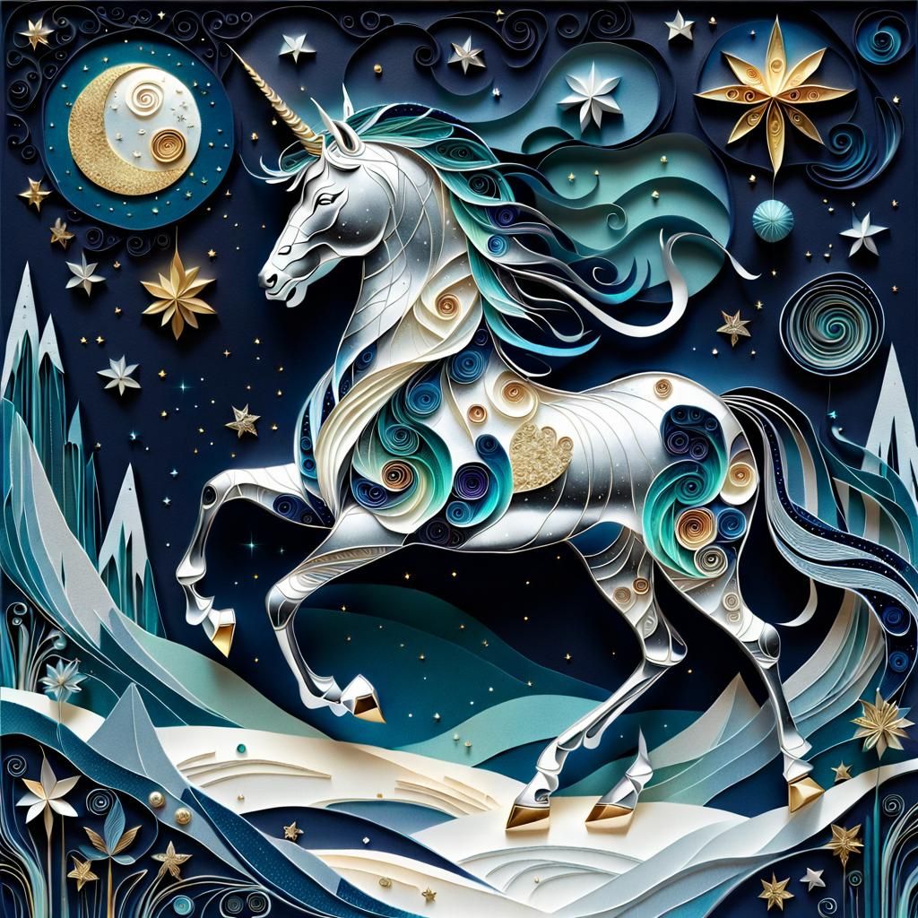 Silver Unicorn Paper Quilled Fantasy Illustration
