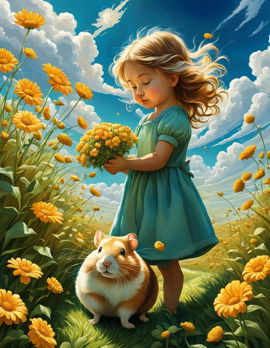 Whimsical Girl and Giant Hamster in Expressionist Style