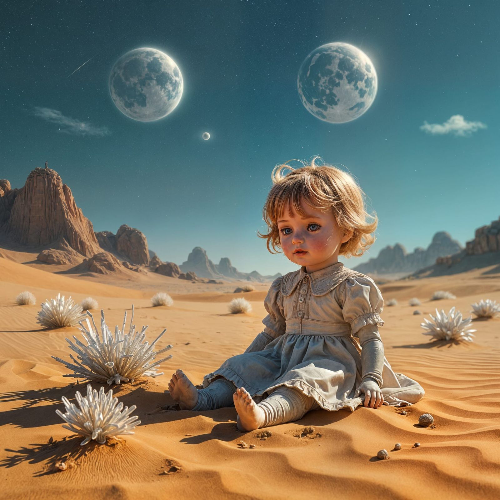Abandoned Doll in Alien Desert with Twin Moons