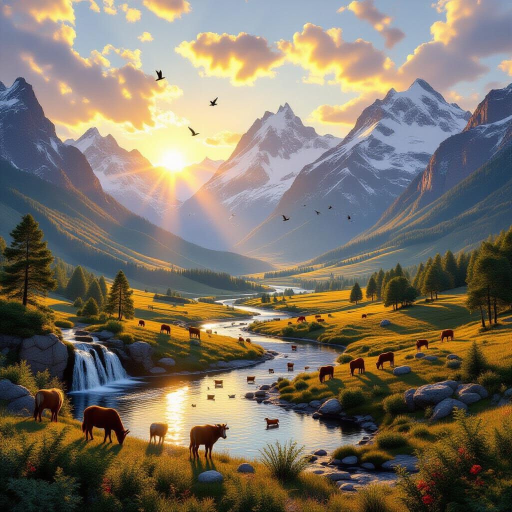 Epic Golden Hour Landscape With Mountains And River
