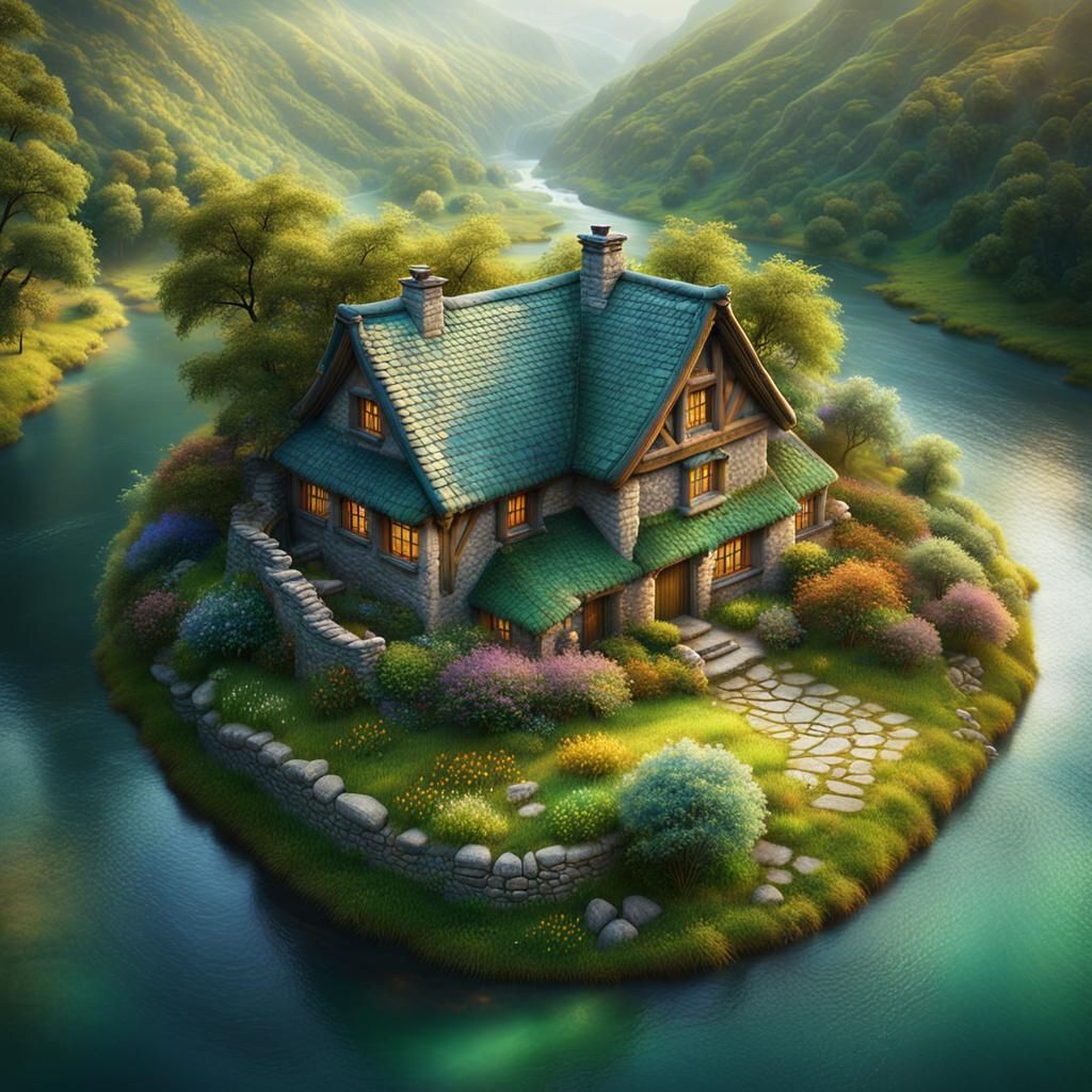 Stone Cottage in Valley, Aerial View, Digital Matte Painting