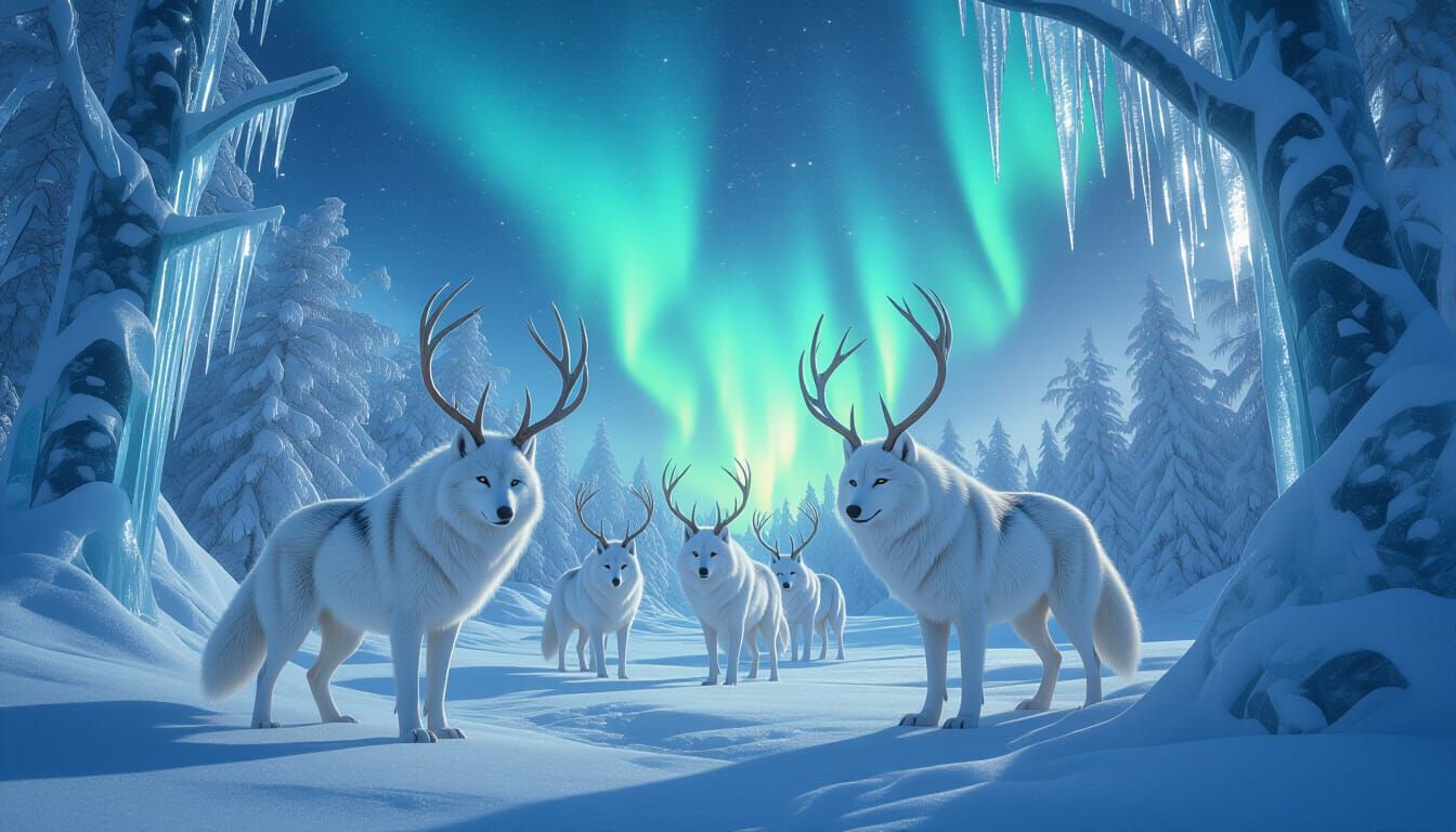Crystalline Forest with Aurora and Six-Legged Wolves