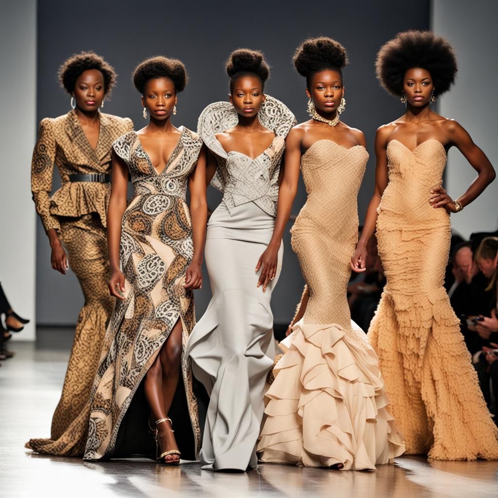 African American Women Model Designer Dresses on Runway