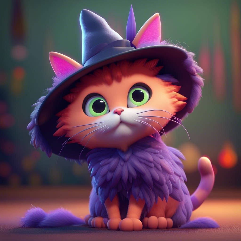 Adorable Witch-Cat in Cartoon 3D Style