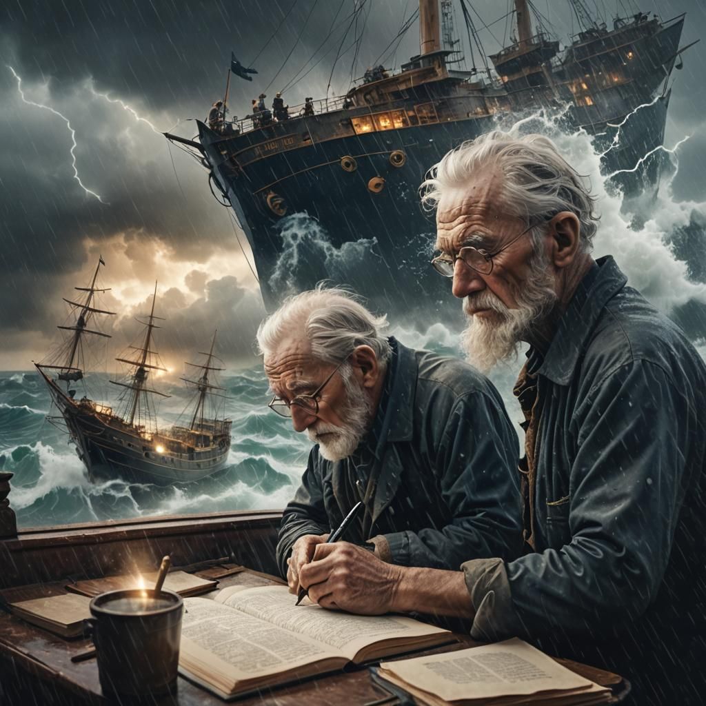 Epic Double Exposure: Old Man's Stormy Sea Tale