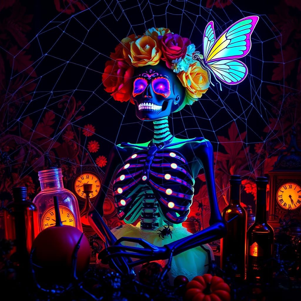 Fluorescent Catrina in Surreal Halloween Dreamscape