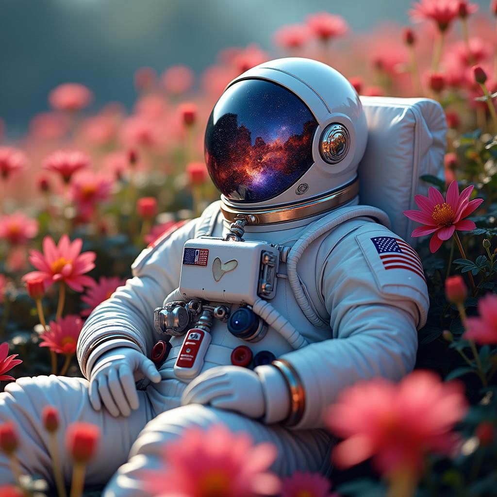 Astronaut in Flower Garden Reflecting the Universe